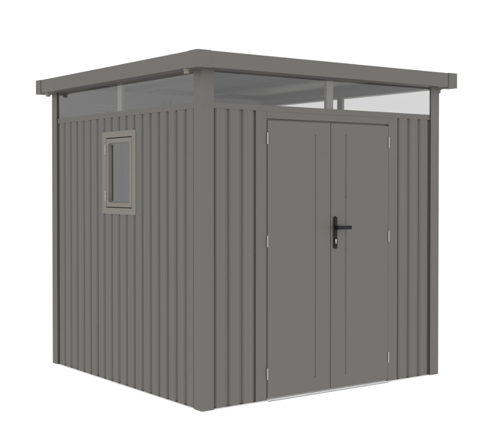 Casuta / magazie de gradina premium metalica, KLUGMEISTER Anna-B Gri Aluminiu, dimensiuni 230x230x222 cm, cu fereastra si baza metalica
