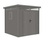 Casuta / magazie de gradina premium metalica, KLUGMEISTER Anna-B Gri Aluminiu, dimensiuni 230x230x222 cm, cu fereastra si baza metalica