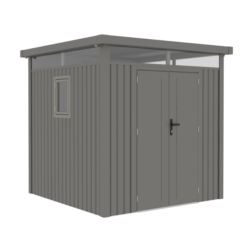 Casuta / magazie premium metalica pentru gradina, Klugmeister Anna-B, Gri Aluminiu, cu fereastra si baza metalica, 230x230x222 cm