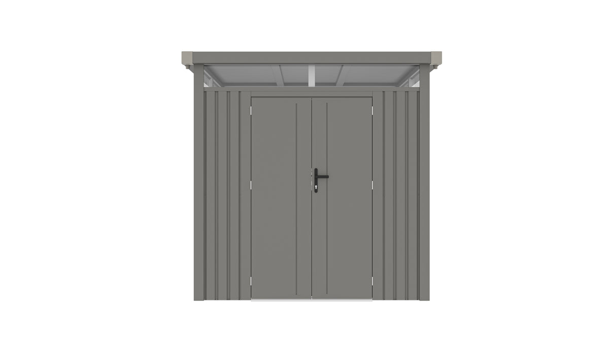 Casuta / magazie de gradina premium metalica, KLUGMEISTER Anna-B Gri Aluminiu, dimensiuni 230x230x222 cm, cu fereastra si baza metalica