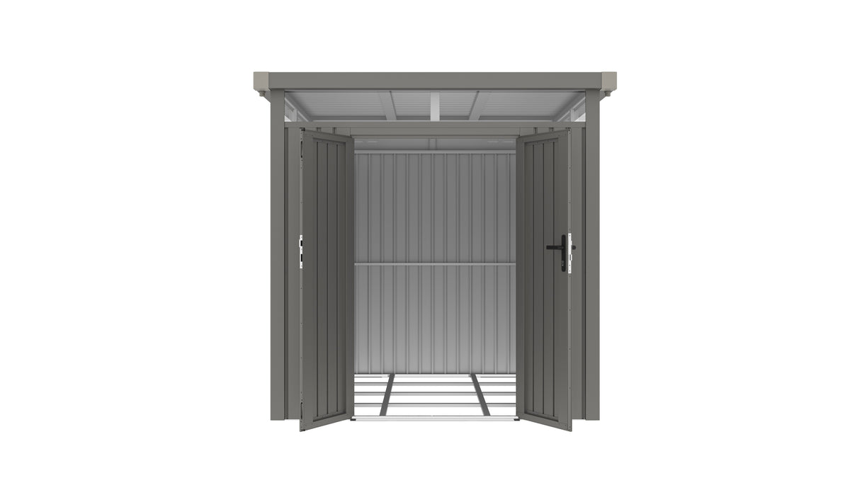 Casuta / magazie de gradina premium metalica, KLUGMEISTER Anna-B Gri Aluminiu, dimensiuni 230x230x222 cm, cu fereastra si baza metalica