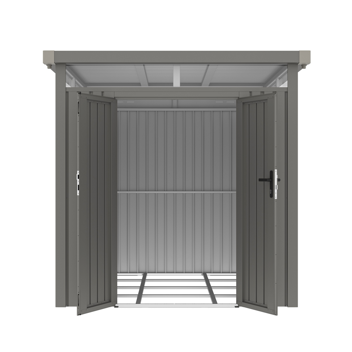 Casuta / magazie premium metalica pentru gradina, Klugmeister Anna-B, Gri Aluminiu, cu fereastra si baza metalica, 230x230x222 cm