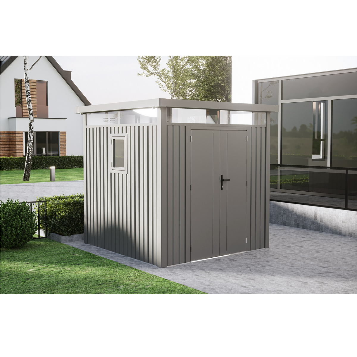 Casuta / magazie premium metalica pentru gradina, Klugmeister Anna-B, Gri Aluminiu, cu fereastra si baza metalica, 230x230x222 cm