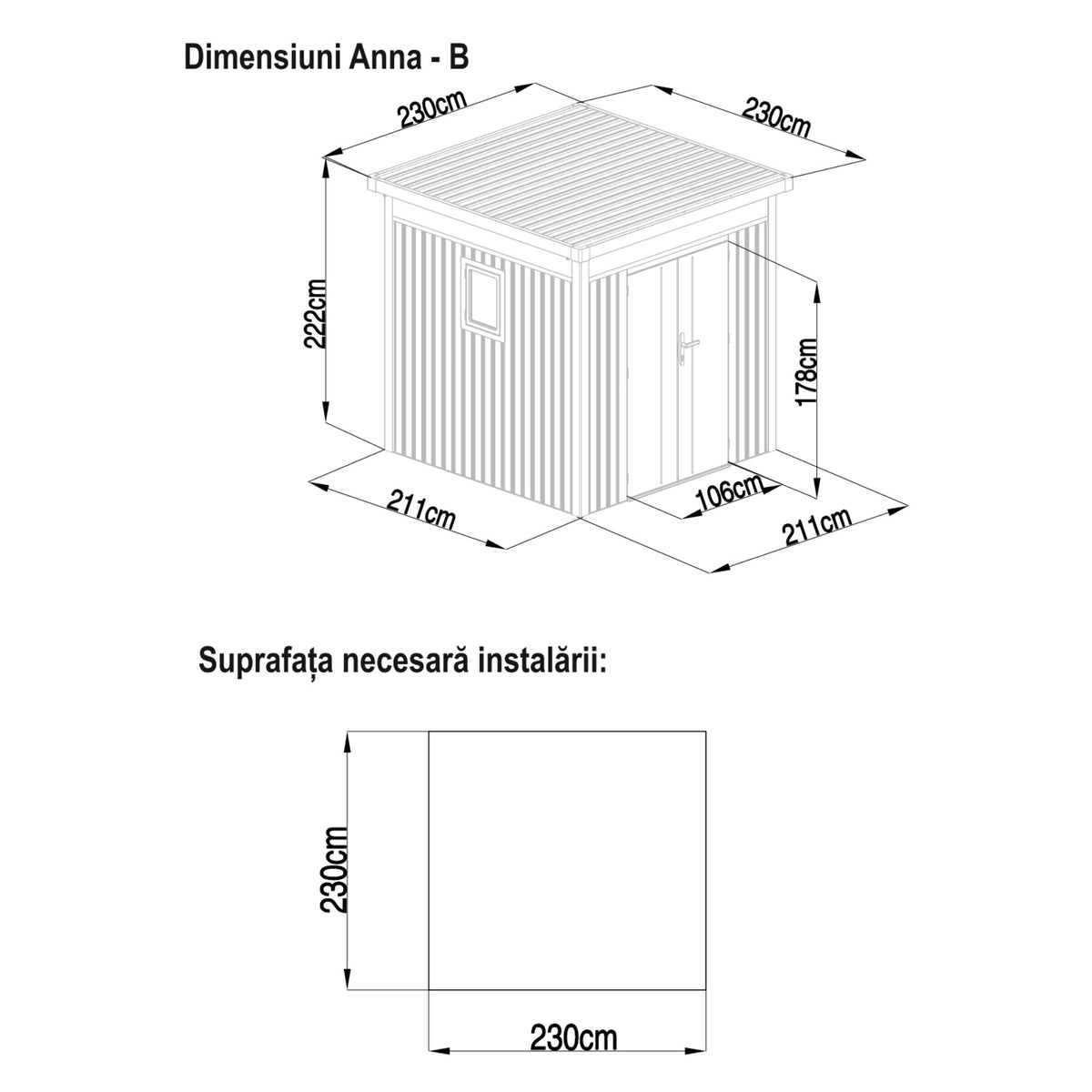 Casuta / magazie de gradina premium metalica, KLUGMEISTER Anna-B Gri Aluminiu, dimensiuni 230x230x222 cm, cu fereastra si baza metalica