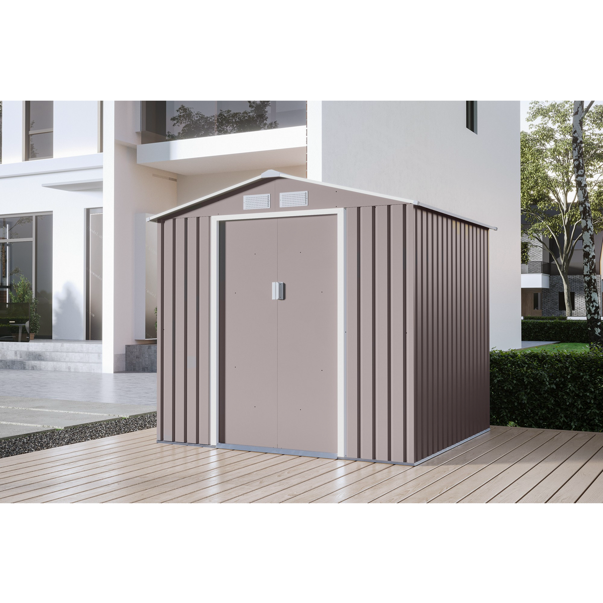 Casuta / magazie premium metalica pentru gradina Klugmeister Archer-B, Gri cald, cu baza metalica, 213x195x195 cm