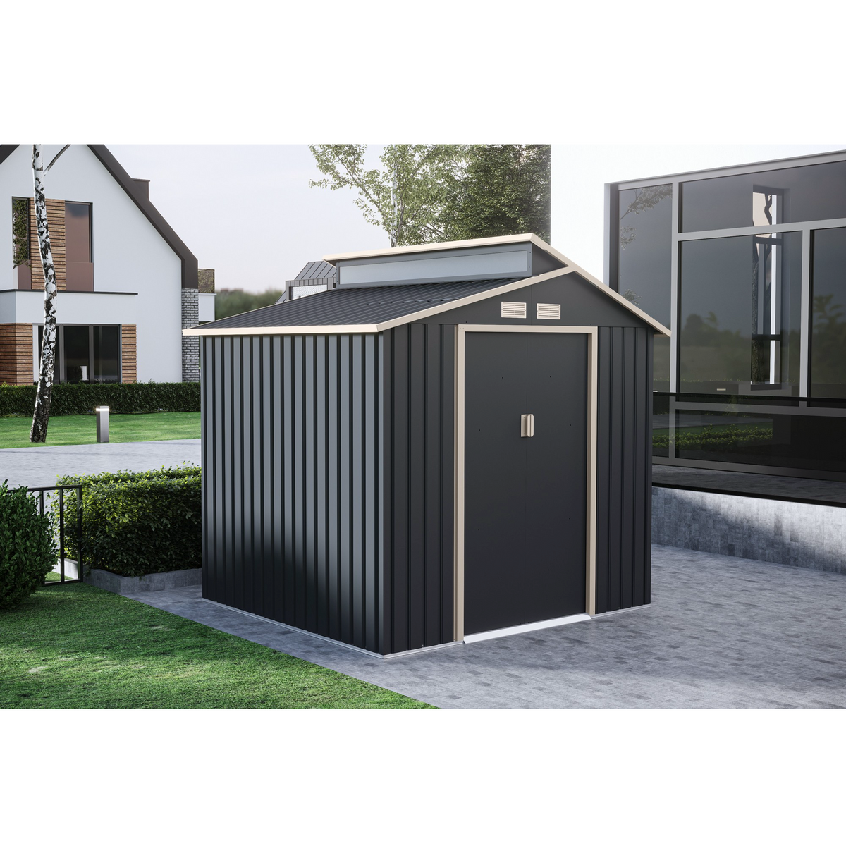 Casuta / magazie premium metalica pentru gradina, Klugmeister Oscar B, Gri/Bej, cu baza metalica, 220x193x214 cm