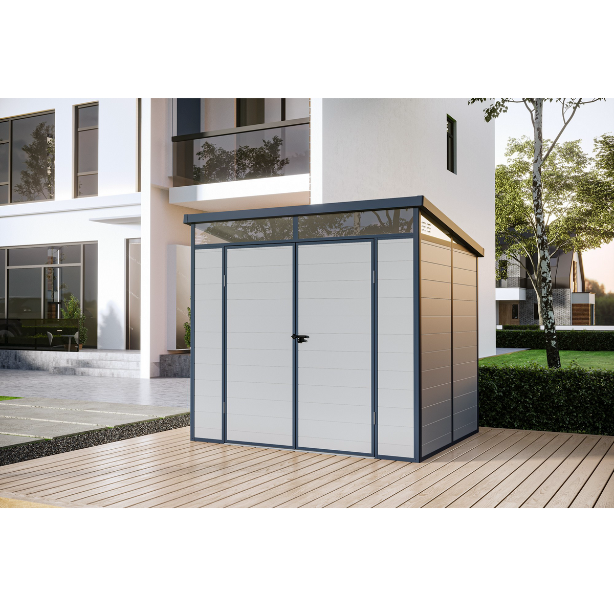 Casuta / magazie premium din material plastic pentru gradina, Klugmeister Toya B, Gri, cu baza metalica, 238x191x215 cm