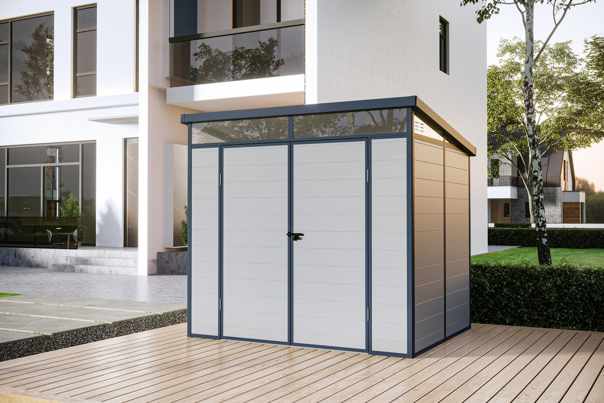 Casuta / magazie de gradina premium din material plastic, KLUGMEISTER Toya B Gri, dimensiuni 238x191x215 cm, cu baza metalica
