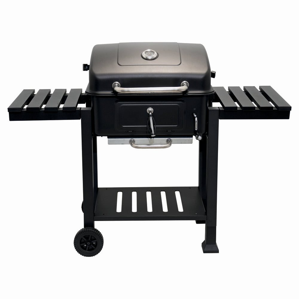 Gratar pe carbuni KLUGMEISTER FT01-017, material otel (husa inclusa), cu tava pentru cenusa, capac si roti de deplasare, suprafata gatire 54x43 cm
