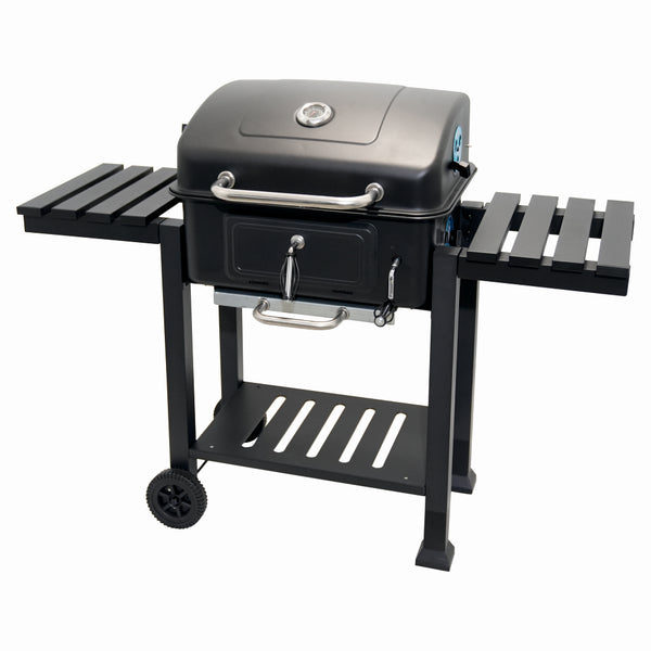 Gratar pe carbuni KLUGMEISTER FT01-017, material otel (husa inclusa), cu tava pentru cenusa, capac si roti de deplasare, suprafata gatire 54x43 cm
