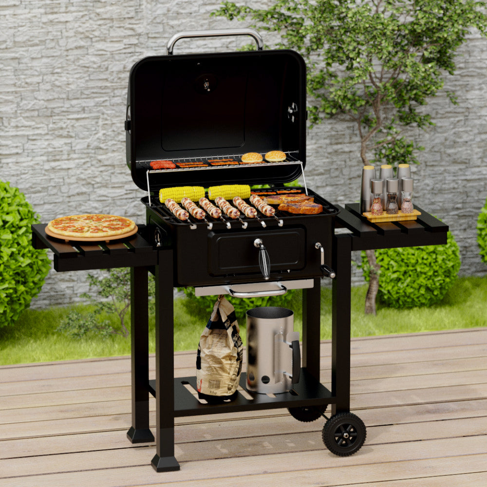 Gratar pe carbuni KLUGMEISTER FT01-017, material otel (husa inclusa), cu tava pentru cenusa, capac si roti de deplasare, suprafata gatire 54x43 cm
