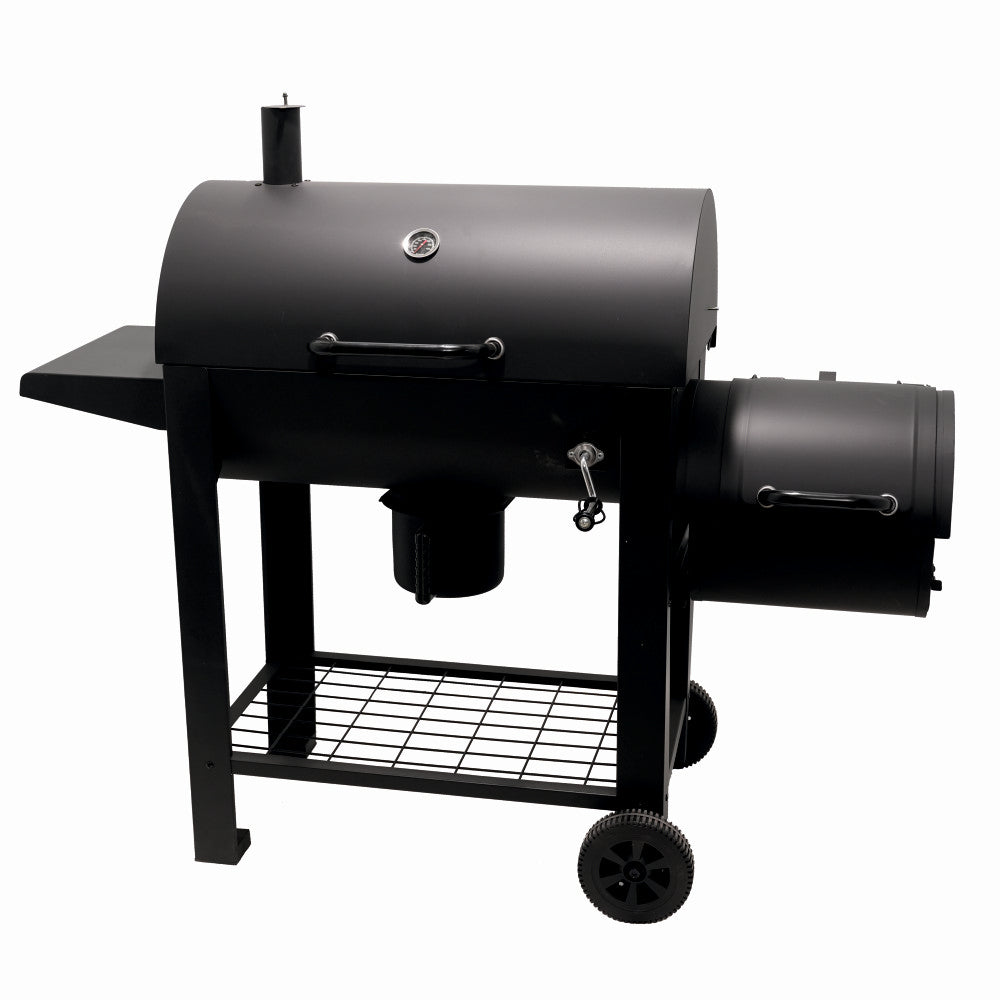 Gratar pe carbuni cu afumatoare KLUGMEISTER KY23020G, material otel, cu capac si roti de deplasare, suprafata gatire 66x42 cm