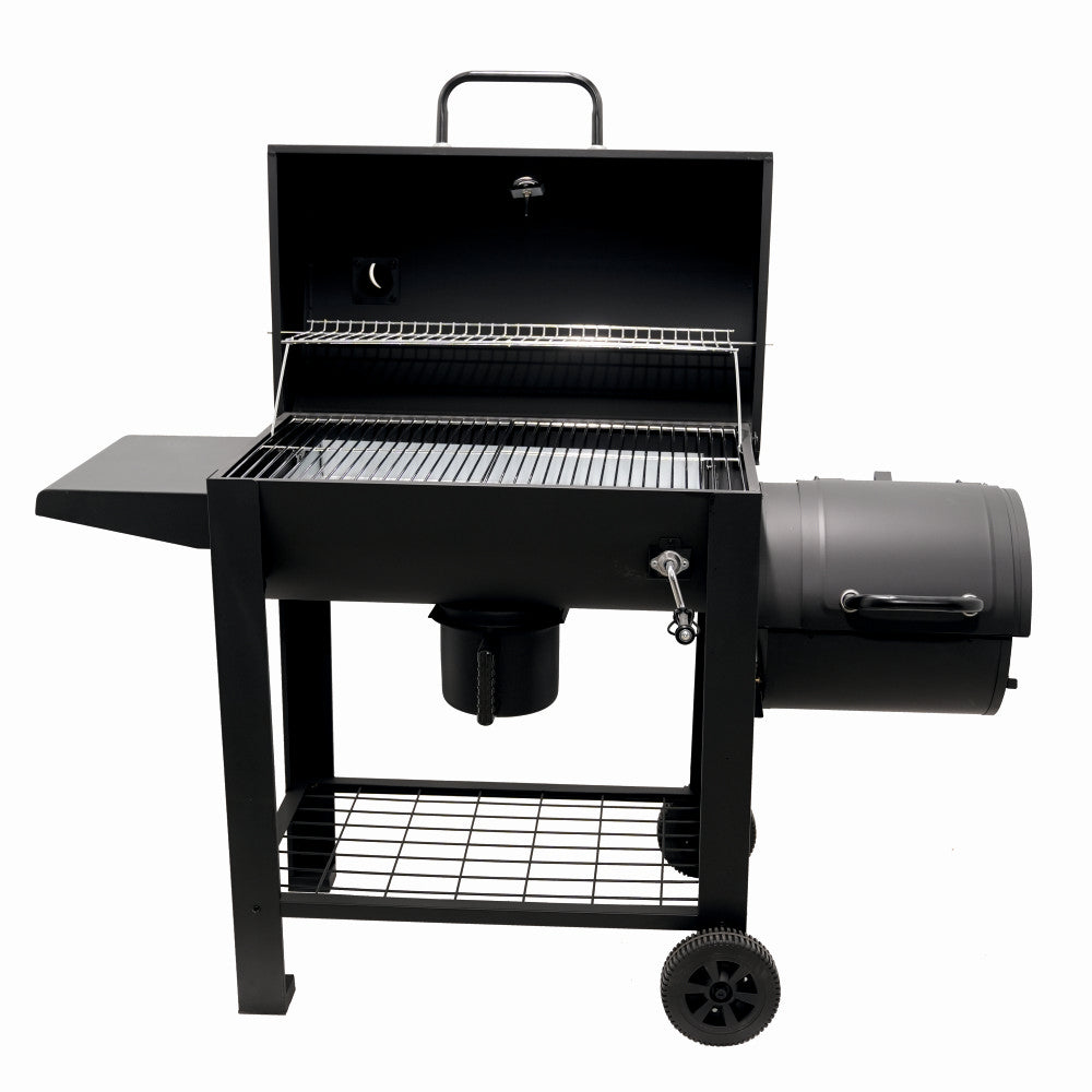 Gratar pe carbuni cu afumatoare KLUGMEISTER KY23020G, material otel, cu capac si roti de deplasare, suprafata gatire 66x42 cm
