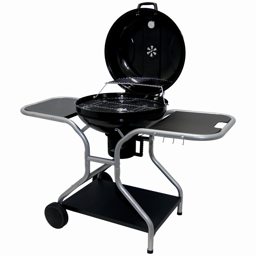 Gratar pe carbuni KLUGMEISTER KY22020T, material otel, cu capac si roti de deplasare, inaltime gatire 78 cm, dimensiuni 133x67x98 cm