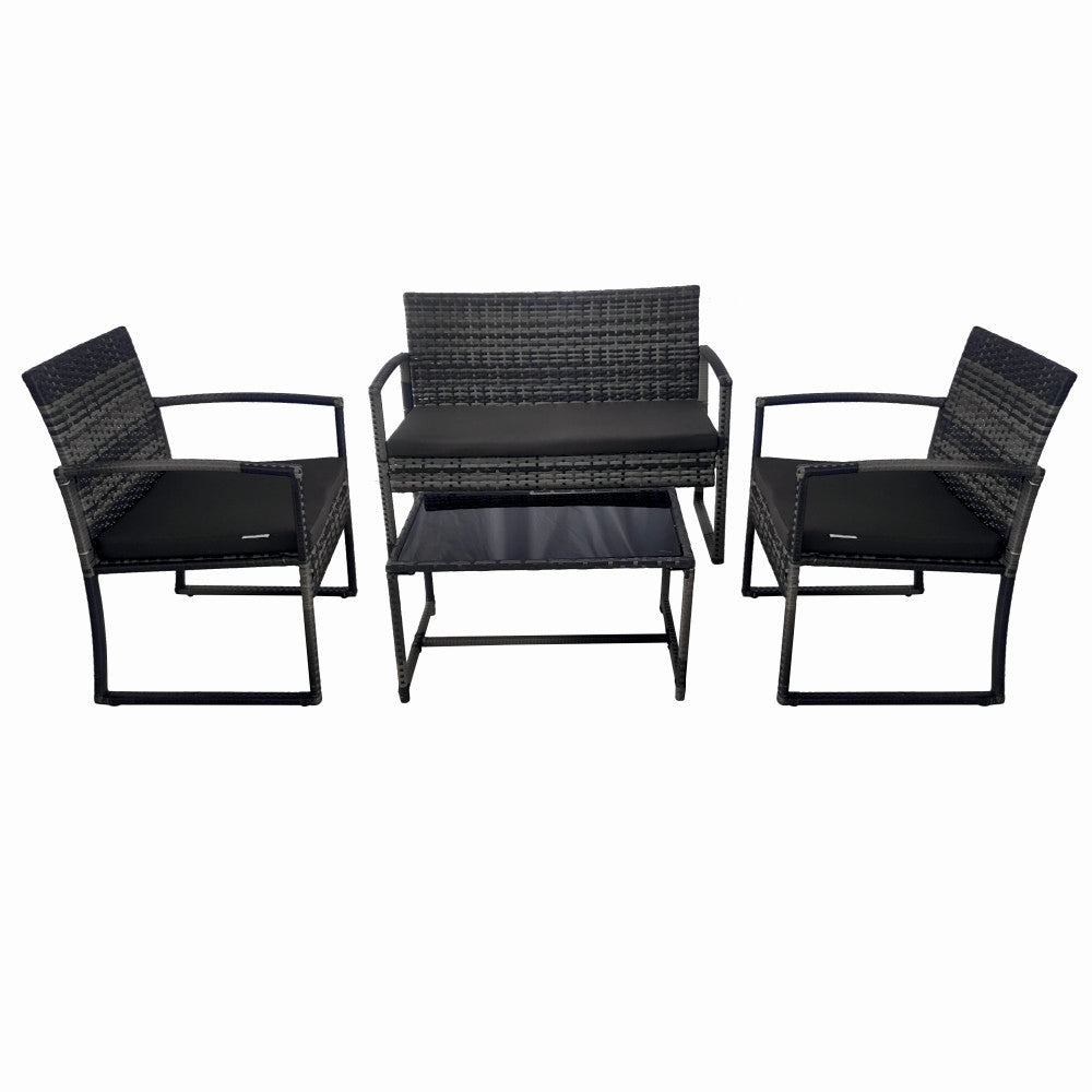 Set mobilier terasa/gradina tip ratan KLUGMEISTER KJF4965, canapea + doua fotolii + masuta din sticla securizata, culoare gri