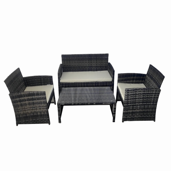Set mobilier terasa/gradina tip ratan KLUGMEISTER KJFR030, canapea + doua fotolii + masuta din sticla securizata, culoare gri