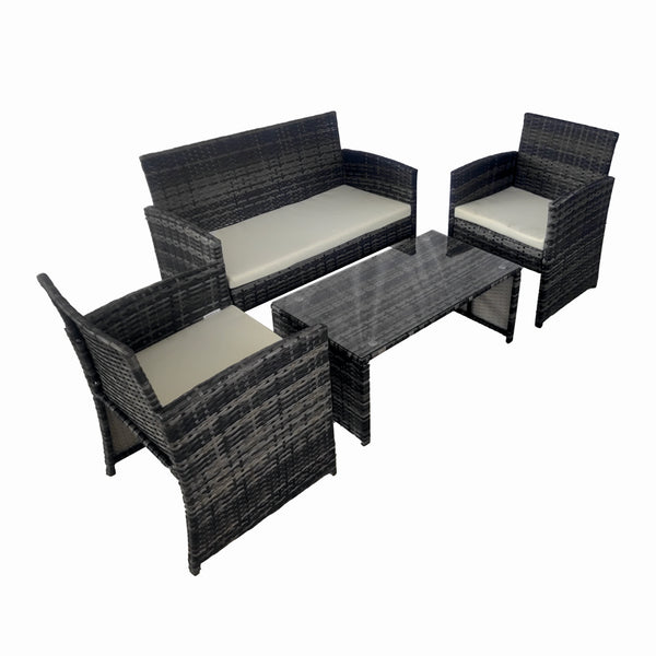 Set mobilier terasa/gradina tip ratan KLUGMEISTER KJFR030, canapea + doua fotolii + masuta din sticla securizata, culoare gri