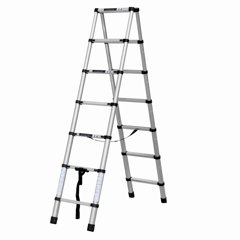 Scara telescopica din aluminiu dubla MESTERINO TOOLS JL-101-2X2.0, 2+2 metri, 2x7 trepte, greutate maxima 150 kg