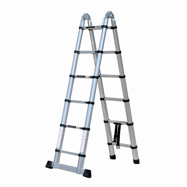 Scara telescopica din aluminiu cu balama MESTERINO TOOLS JL-102-2X1.9, 1.9+1.9 metri, 2x6 trepte, greutate maxima 150 kg