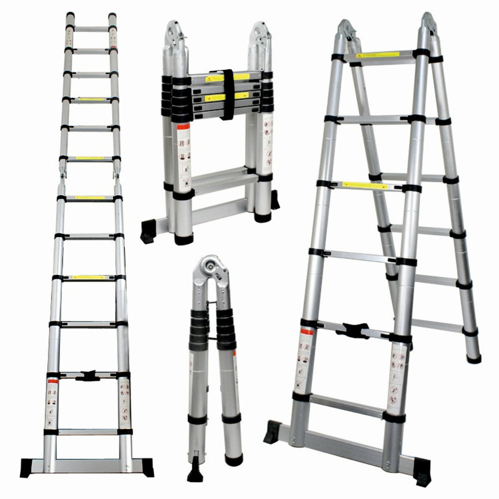 Scara telescopica din aluminiu cu balama MESTERINO TOOLS JL-102-2X1.9, 1.9+1.9 metri, 2x6 trepte, greutate maxima 150 kg