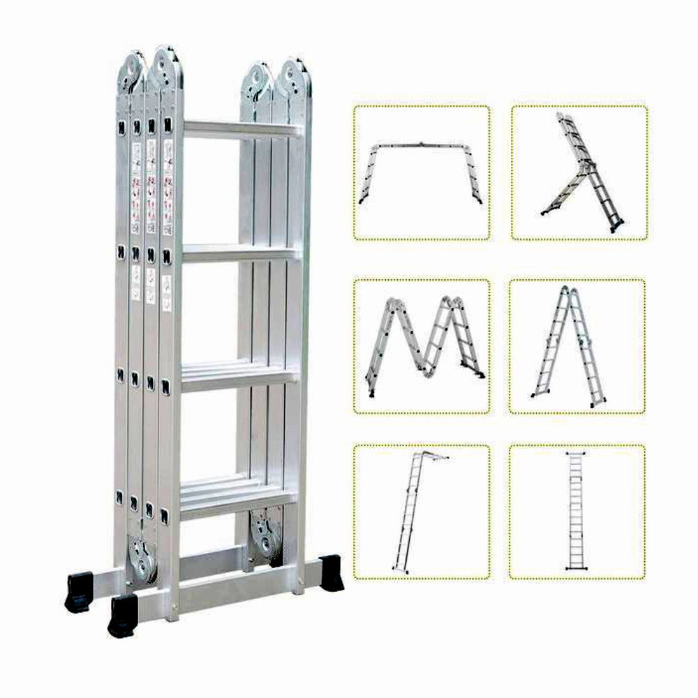 Scara multifunctionala din aluminiu cu balama MESTERINO TOOLS JL-201-4X4, 4.7 metri, 4x4 trepte, greutate maxima 150 kg