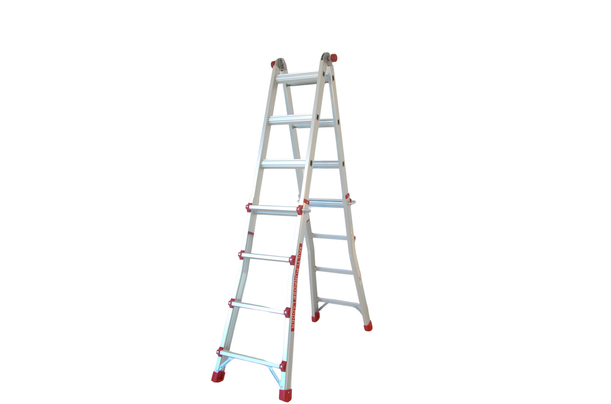 Scara multifunctionala din aluminiu cu balama MESTERINO TOOLS JL-404S-4X4, 3.9 metri, 4x4 trepte, greutate maxima 150 kg
