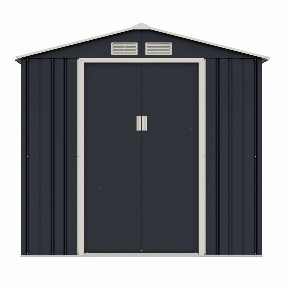 Casuta / magazie de gradina premium metalica MESTERINO Archer-A, Gri/Bej, dimensiuni 213x131x195 cm, cu usi culisante si baza metalica