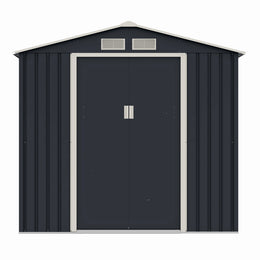 Casuta / magazie de gradina premium metalica MESTERINO Archer-A, Gri/Bej, dimensiuni 213x131x195 cm, cu usi culisante si baza metalica