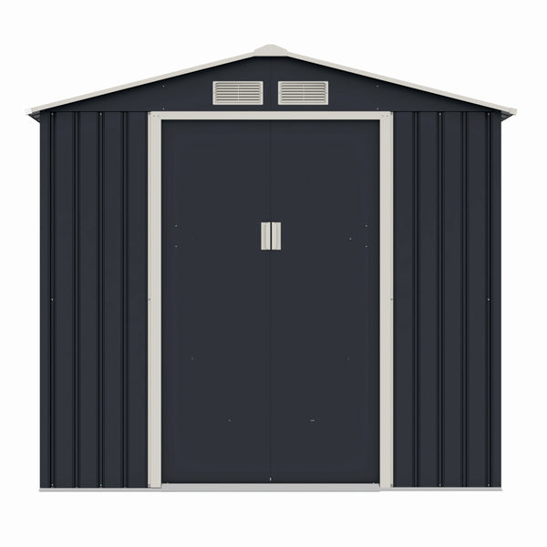 Casuta / magazie de gradina premium metalica MESTERINO Archer-A, Gri/Bej, dimensiuni 213x131x195 cm, cu usi culisante si baza metalica