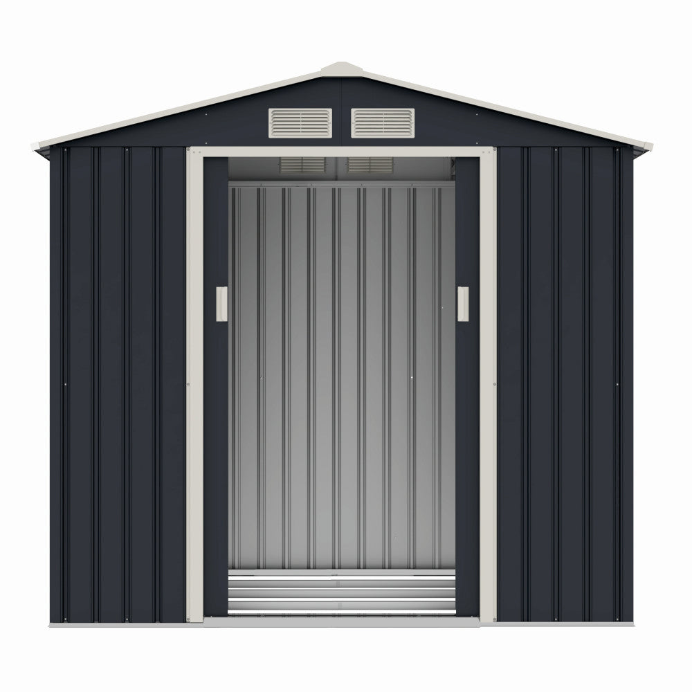 Casuta / magazie de gradina premium metalica MESTERINO Archer-A, Gri/Bej, dimensiuni 213x131x195 cm, cu usi culisante si baza metalica