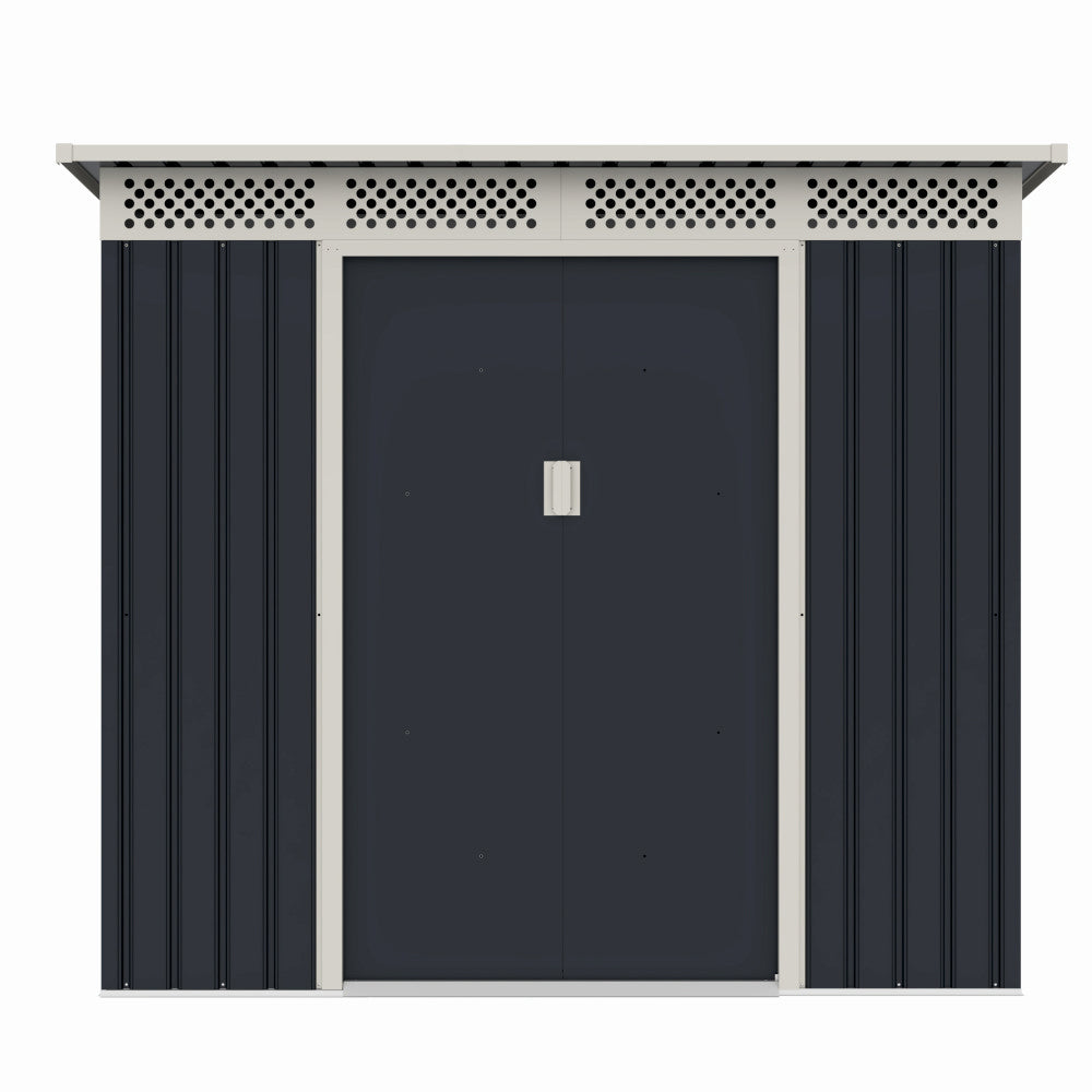 Casuta / magazie de gradina premium metalica, MESTERINO Bella-A, Gri/Bej, dimensiuni 203x117x180 cm, cu usi culisante si baza metalica