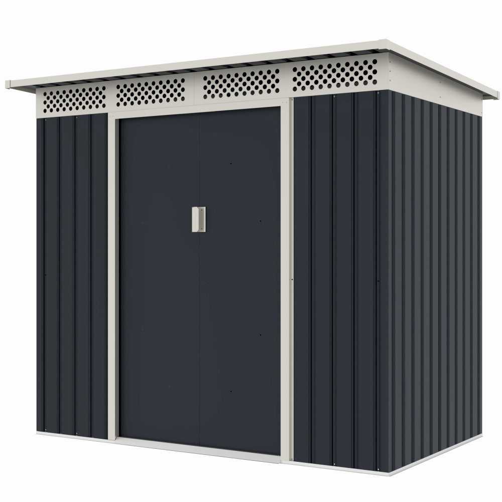 Casuta / magazie de gradina premium metalica, MESTERINO Bella-A, Gri/Bej, dimensiuni 203x117x180 cm, cu usi culisante si baza metalica