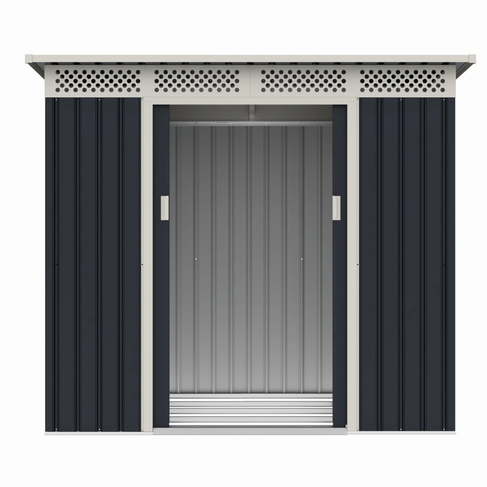 Casuta / magazie de gradina premium metalica, MESTERINO Bella-A, Gri/Bej, dimensiuni 203x117x180 cm, cu usi culisante si baza metalica