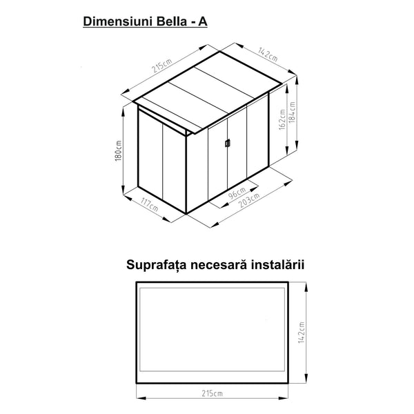 Casuta / magazie de gradina premium metalica, MESTERINO Bella-A, Gri/Bej, dimensiuni 203x117x180 cm, cu usi culisante si baza metalica