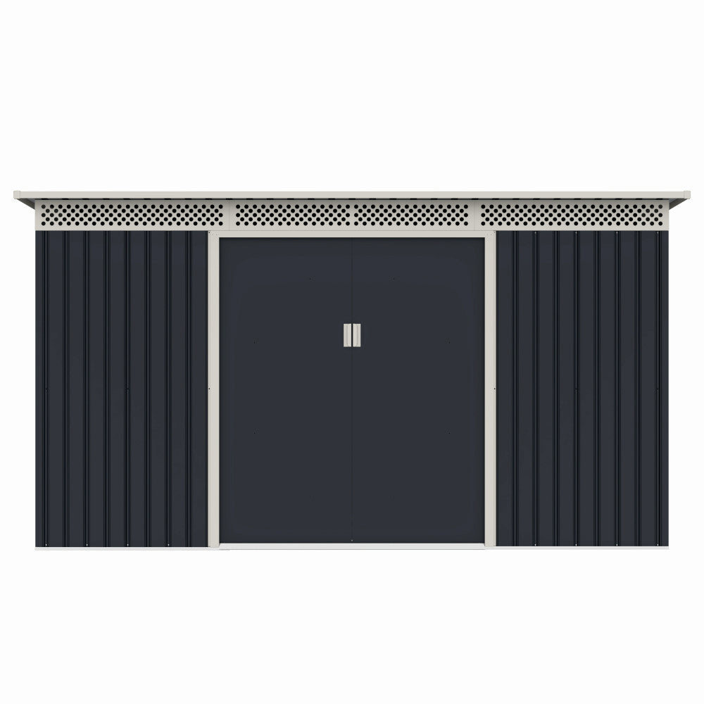 Casuta / magazie de gradina premium metalica, MESTERINO Bella-C, Gri/Bej, dimensiuni 343x142x184 cm, cu usi culisante si baza metalica