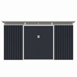 Casuta / magazie de gradina premium metalica, MESTERINO Bella-C, Gri/Bej, dimensiuni 343x142x184 cm, cu usi culisante si baza metalica