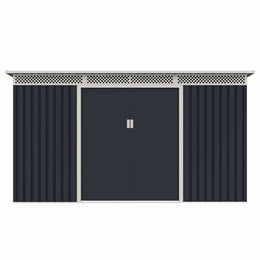 Casuta / magazie de gradina premium metalica, MESTERINO Bella-C, Gri/Bej, dimensiuni 343x142x184 cm, cu usi culisante si baza metalica