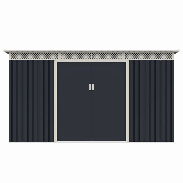 Casuta / magazie de gradina premium metalica, MESTERINO Bella-C, Gri/Bej, dimensiuni 343x142x184 cm, cu usi culisante si baza metalica