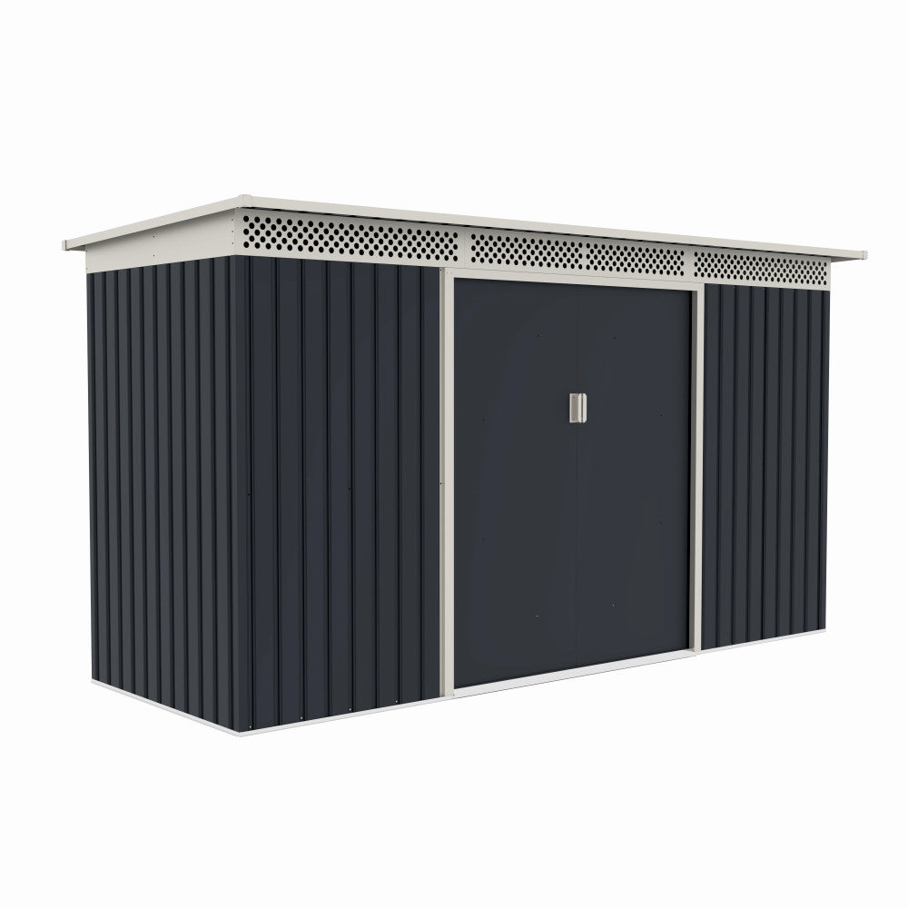 Casuta / magazie de gradina premium metalica, MESTERINO Bella-C, Gri/Bej, dimensiuni 343x142x184 cm, cu usi culisante si baza metalica