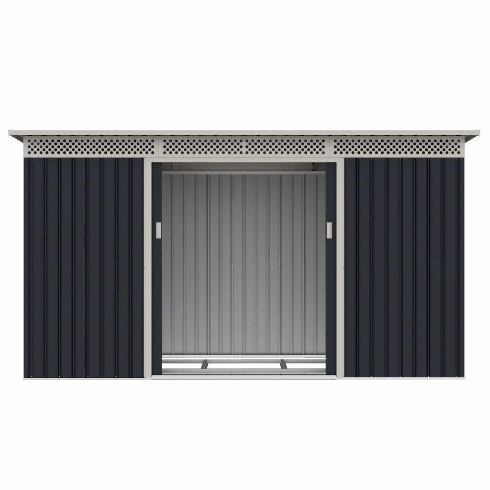 Casuta / magazie de gradina premium metalica, MESTERINO Bella-C, Gri/Bej, dimensiuni 343x142x184 cm, cu usi culisante si baza metalica