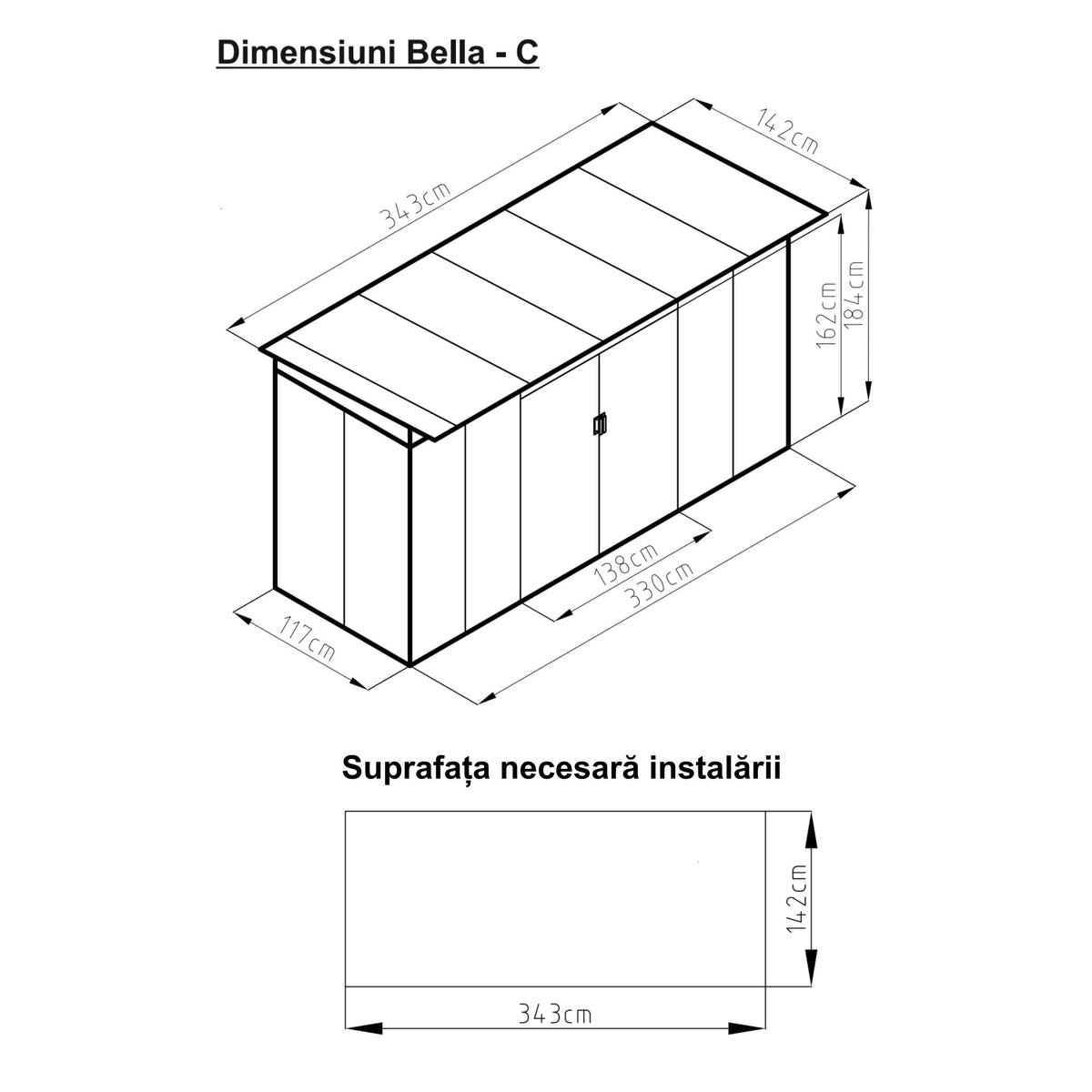 Casuta / magazie de gradina premium metalica, MESTERINO Bella-C, Gri/Bej, dimensiuni 343x142x184 cm, cu usi culisante si baza metalica