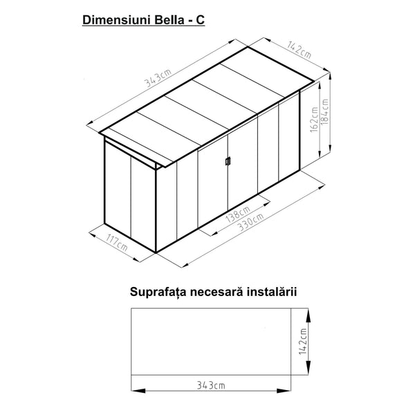 Casuta / magazie de gradina premium metalica, MESTERINO Bella-C, Gri/Bej, dimensiuni 343x142x184 cm, cu usi culisante si baza metalica