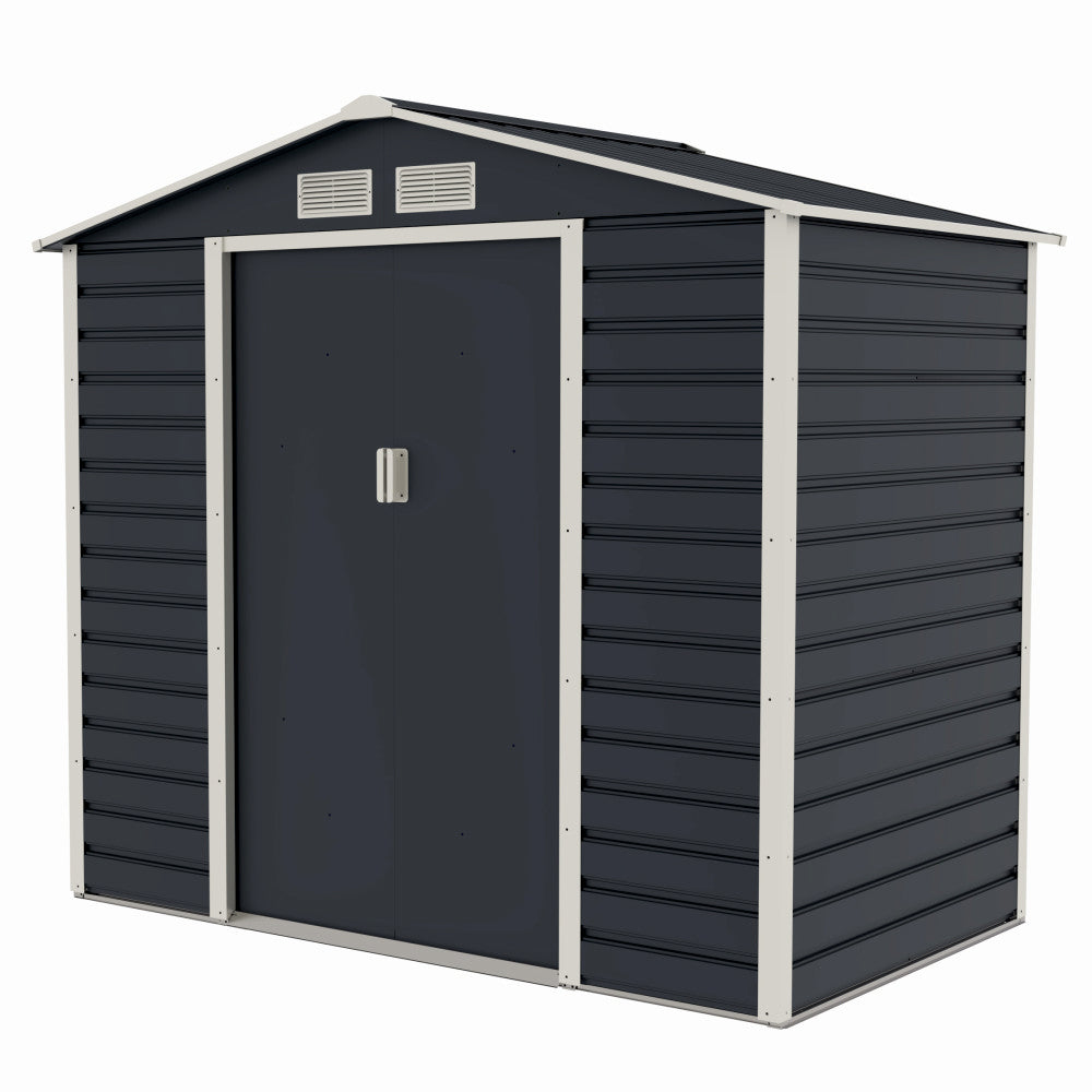 Casuta / magazie de gradina premium metalica, MESTERINO Evan-A, Gri/Bej, dimensiuni 213x131x192 cm, cu usi culisante si baza metalica