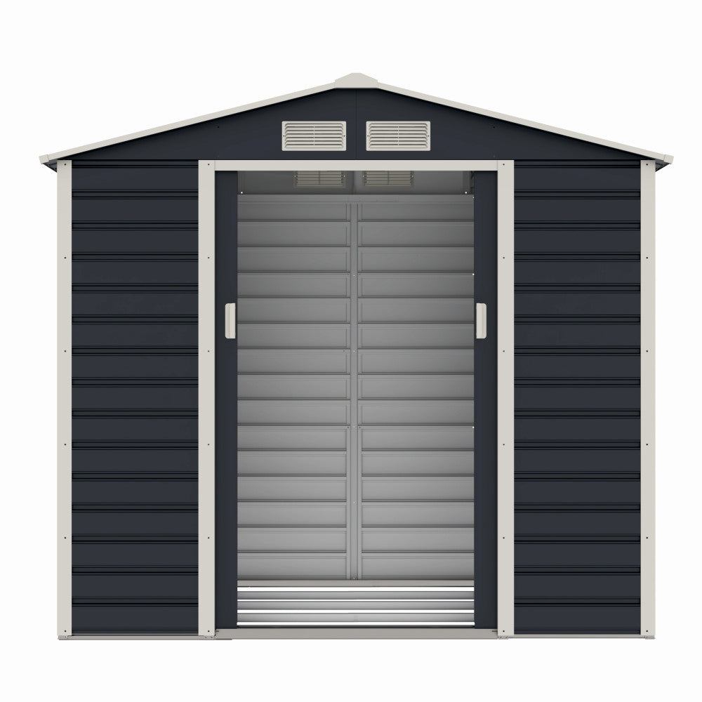 Casuta / magazie de gradina premium metalica, MESTERINO Evan-A, Gri/Bej, dimensiuni 213x131x192 cm, cu usi culisante si baza metalica