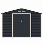Casuta / magazie de gradina premium metalica, MESTERINO Evan-C, Gri/Bej, dimensiuni 277x195x200 cm, cu usi culisante si baza metalica