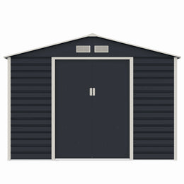 Casuta / magazie de gradina premium metalica, MESTERINO Evan-C, Gri/Bej, dimensiuni 277x195x200 cm, cu usi culisante si baza metalica