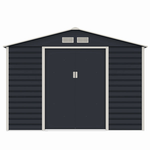 Casuta / magazie de gradina premium metalica, MESTERINO Evan-C, Gri/Bej, dimensiuni 277x195x200 cm, cu usi culisante si baza metalica