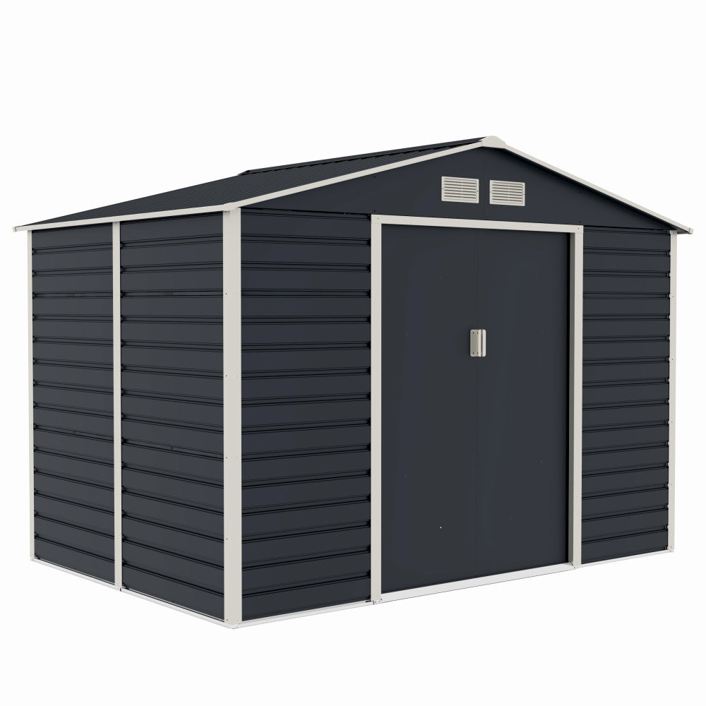 Casuta / magazie de gradina premium metalica, MESTERINO Evan-C, Gri/Bej, dimensiuni 277x195x200 cm, cu usi culisante si baza metalica