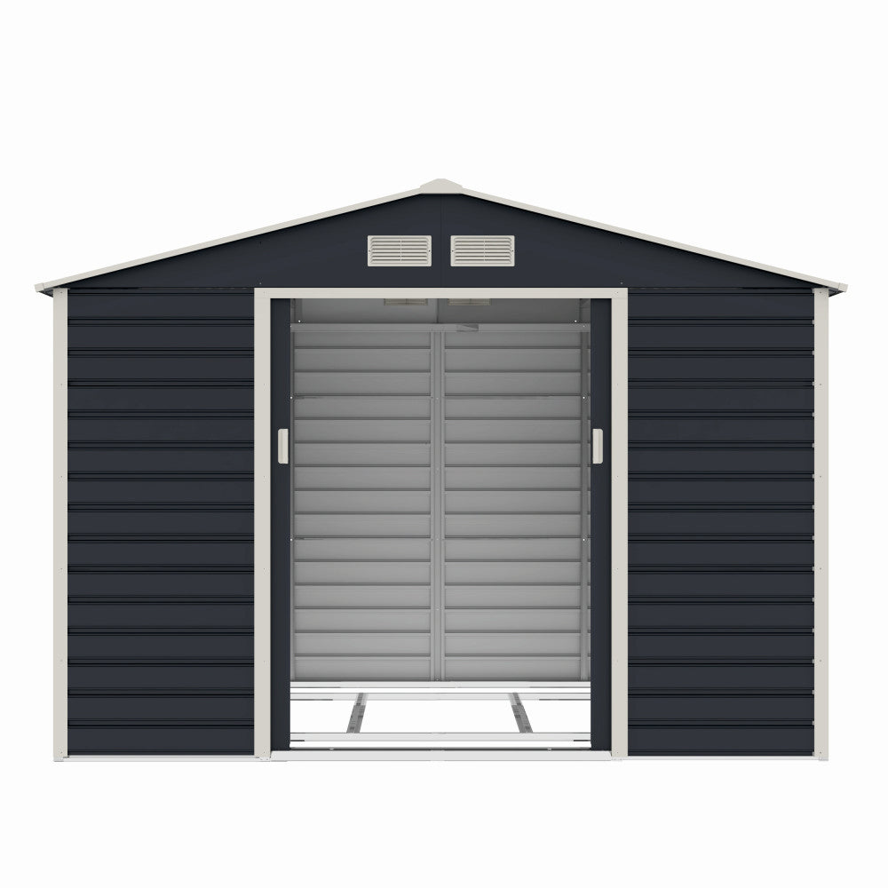 Casuta / magazie de gradina premium metalica, MESTERINO Evan-C, Gri/Bej, dimensiuni 277x195x200 cm, cu usi culisante si baza metalica