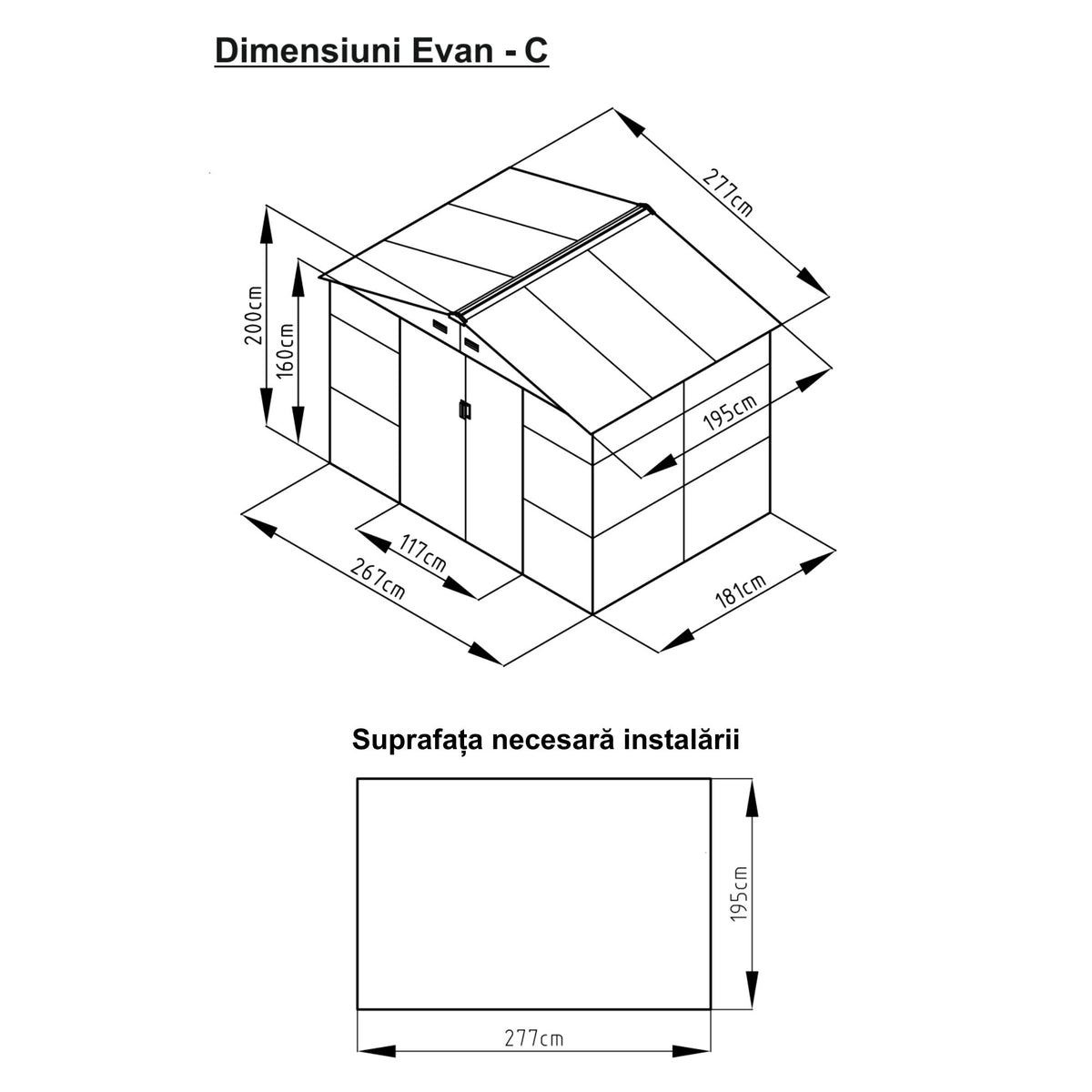 Casuta / magazie de gradina premium metalica, MESTERINO Evan-C, Gri/Bej, dimensiuni 277x195x200 cm, cu usi culisante si baza metalica